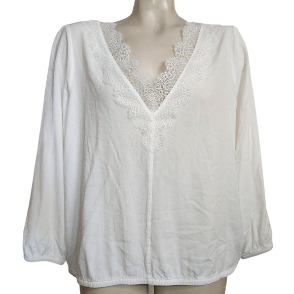 Express Tops - Express White Lace V-Neck Blouse Long Sleeve Elastic Hem Top L embroidered boho
